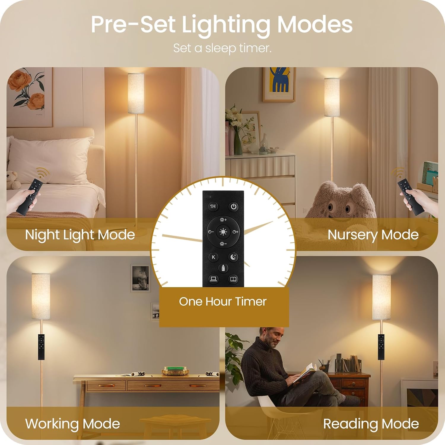 2 Pack Wooden Textured Pole Lamps, Dimmable Floor Lamp for Living Room with Remote and Foot Switch, 64.4” Standing Tall Lamp, Corner…
