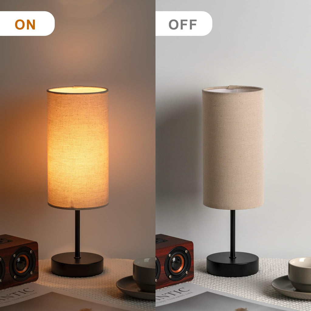 Small Bedside Table Lamp for Bedroom, Round Linen Shade and Black Metal Base, Rustic Minimalist Night Lamps for Nightstand, Dresser…