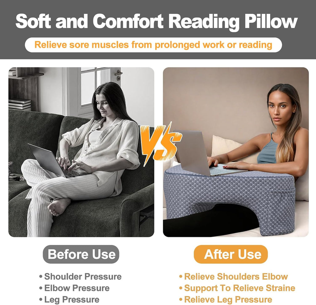 Reading Pillow with 2 Side Pockets, Arm Rest Pillow for Loptop, Memory Foam Reading Pillows for Gaming, Working, Crocheting, Removable and…