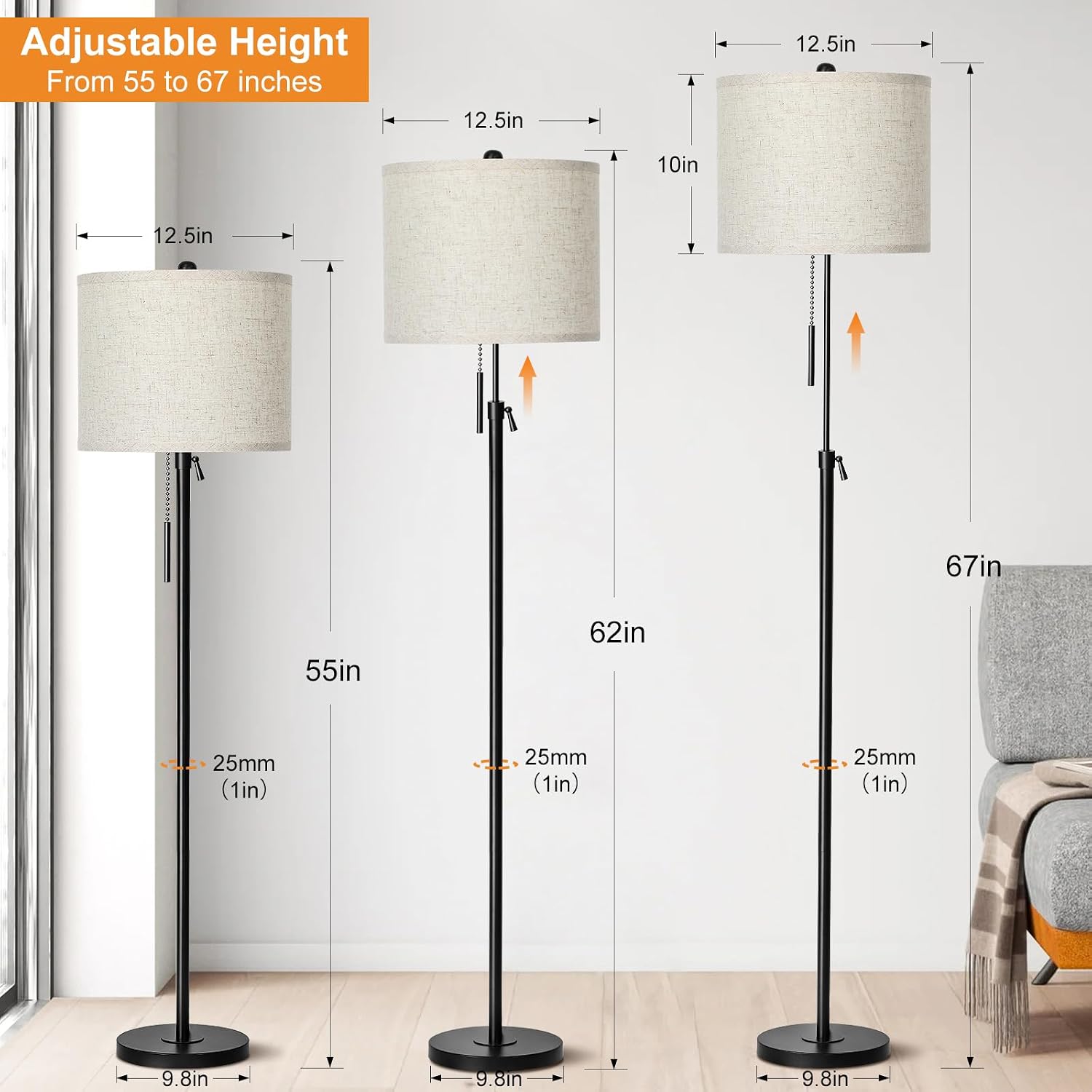 Qingmiao Adjustable Height Floor Lamp for Living Room, Black Standing Lamp for Bedroom Office, Modern Tall Lamp with Linen Shade, 3-Way…