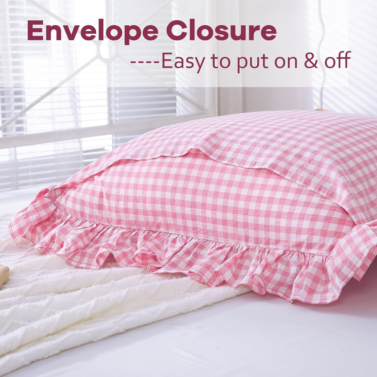 2 Pack Pink White Plaid Gingham Ruffle Euro Pillow Sham Covers, 100% Yarn-Dyed Washed Cotton Girls Lovely Checkered Farmhouse Pillow…
