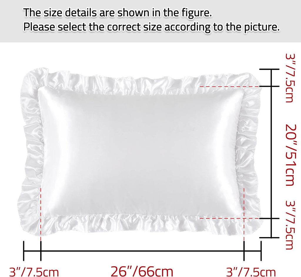 HommxJF White Satin Ruffled Pillow Cases for Hair and Skin, White Silk Pillowcases Standard Set of 2 with Envelope Closure Princess Room Dec…