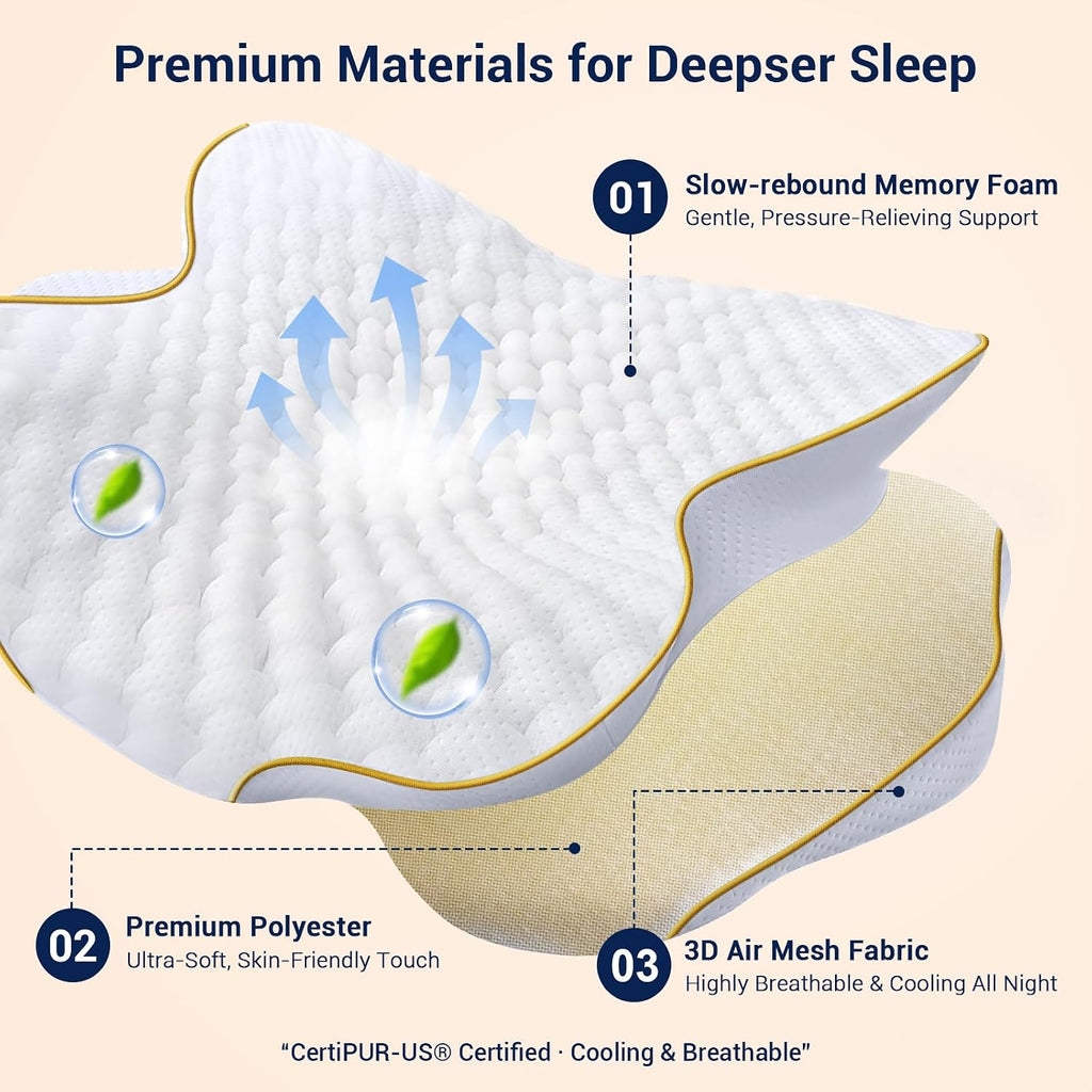 AZBestPro Memory Foam Cervical Pillow for Neck Support &, Butterfly Ergonomic Design – 24×15.75×5.7 Inches, Removable 100% Polyester Pillo…