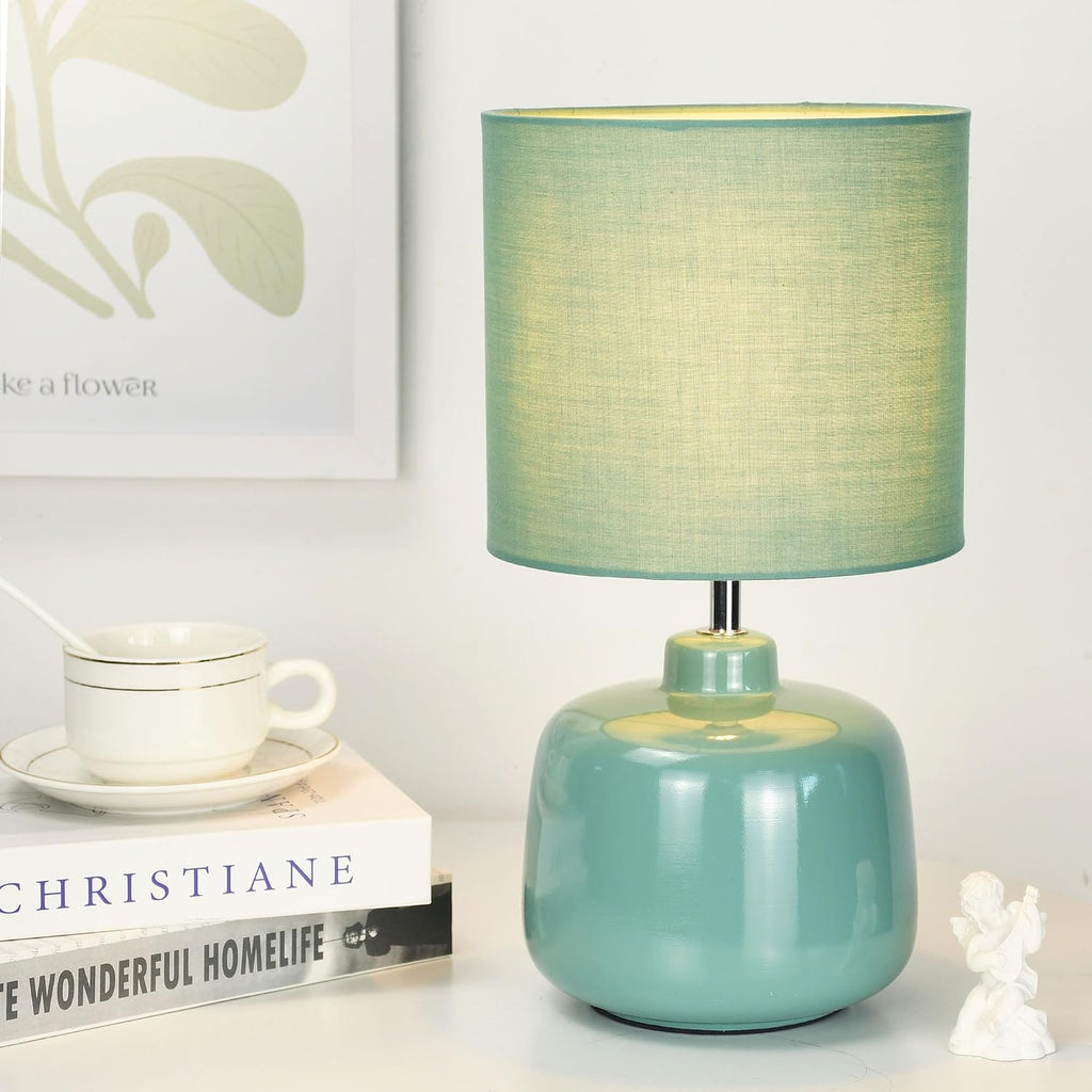 Oslo Green Small Ceramic Table Lamp for Living Room and Bedroom, Modern Kids Night Table Lamp, Φ7.09×H13.39IN, Bulb Excluded