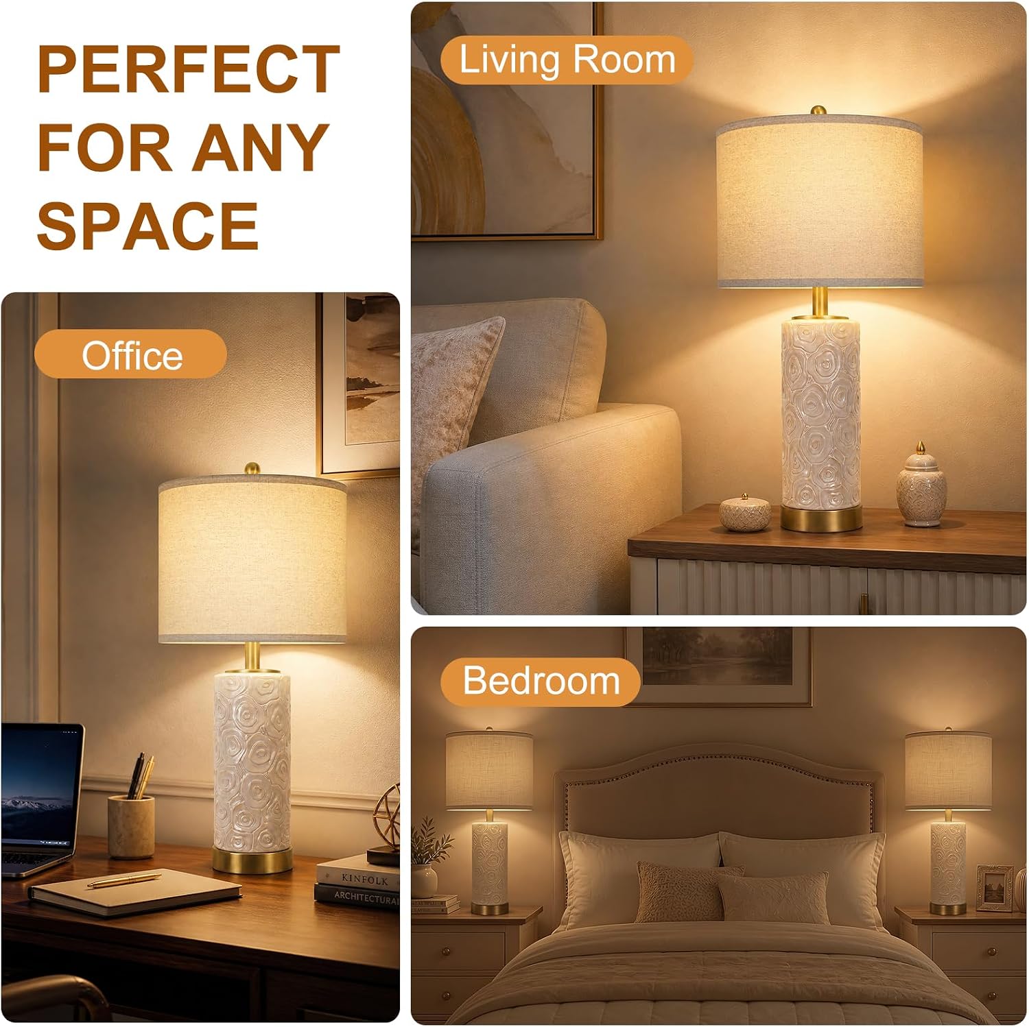 ProductDetails KIVDITZO 25.5" Boho Ceramic Table Lamps Set of 2 with 3-Way Dimmable Bulb for Living Room, Modern Table Lamp with USB A+C Po…