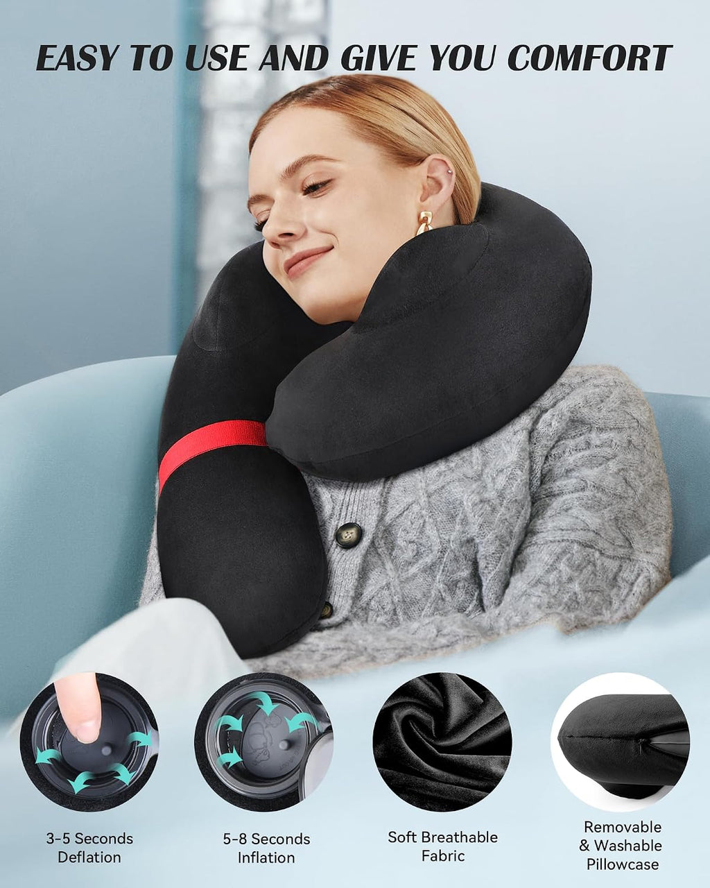 Patented Design Inflatable Travel Neck Pillow – Airplane Neck Pillow with 360° Head & Neck Support, Soft Washable Velvet Cover, Compact…