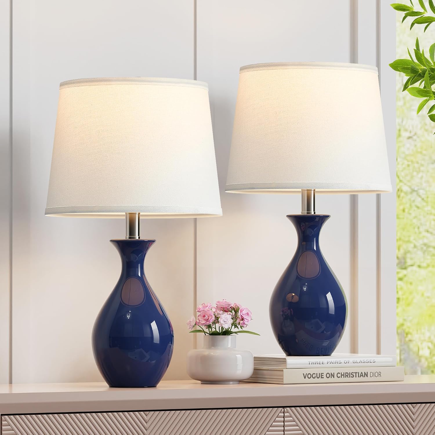 PARTPHONER Table Lamp Set of 2, Modern Ceramic Bedside Lamps for Night Stands, Classic Small Lamp Nightstand Lamp for Bedroom Living Room…