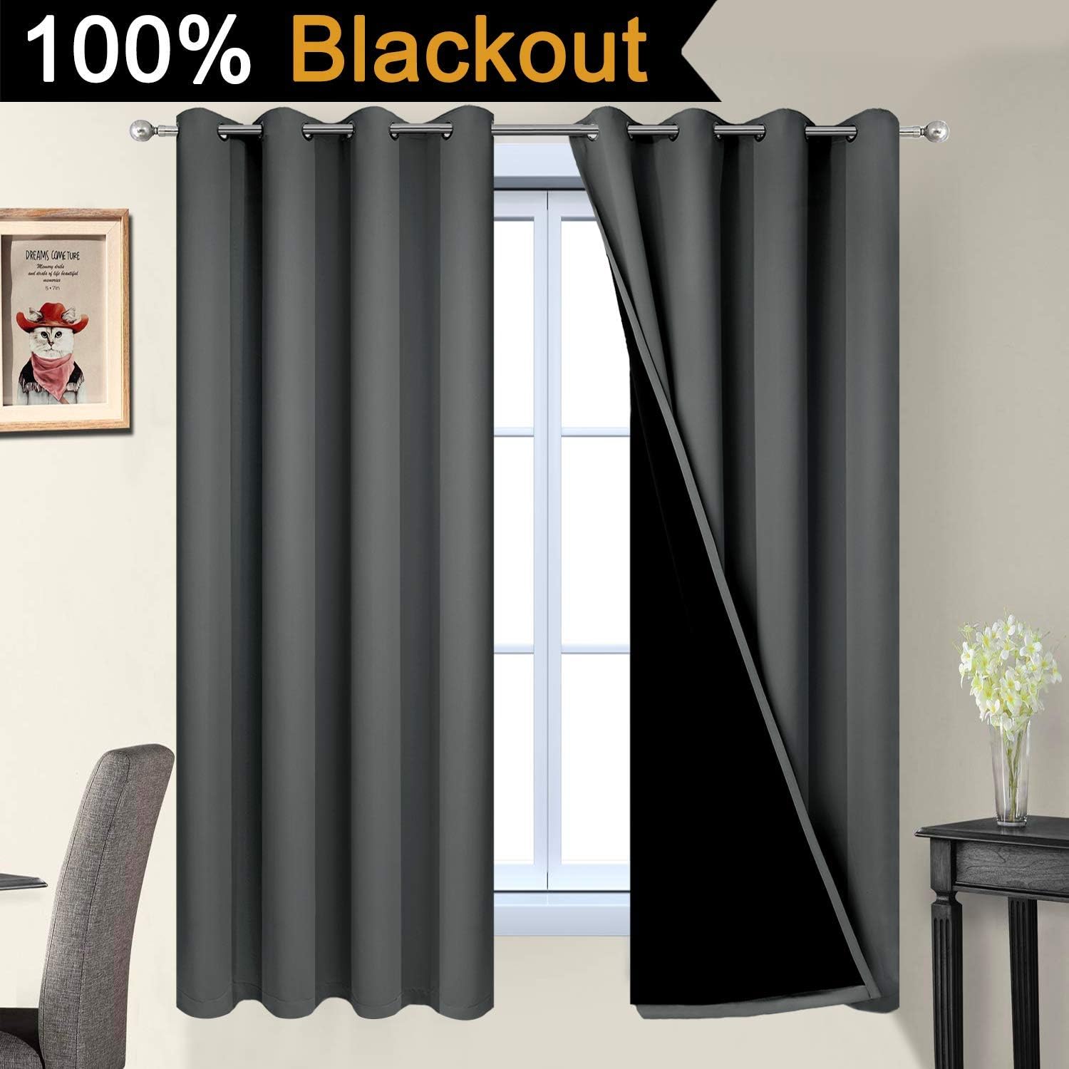 Yakamok 63 Inches Long Dark Gray 100% Blackout Curtains, Noise Reducing Window Drapes, Room Darkening Curtain Panels with Black Liners for B…