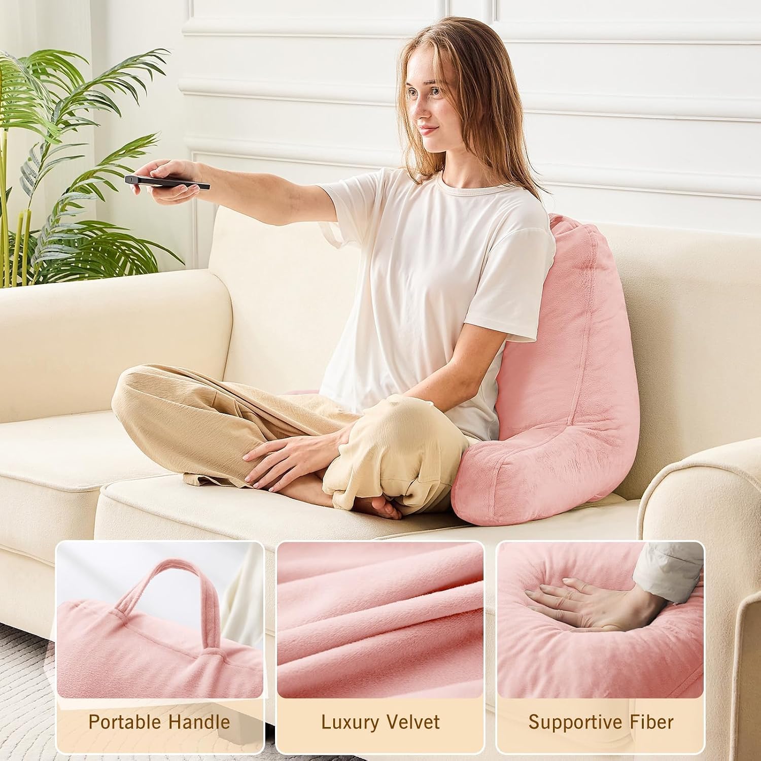 Sasttie Reading Pillow, Velvet Back Pillow for Bed Sitting Up, Adult Back-Rest Support Cushion with Arms for Sit Up on Couch, Sofa, and…