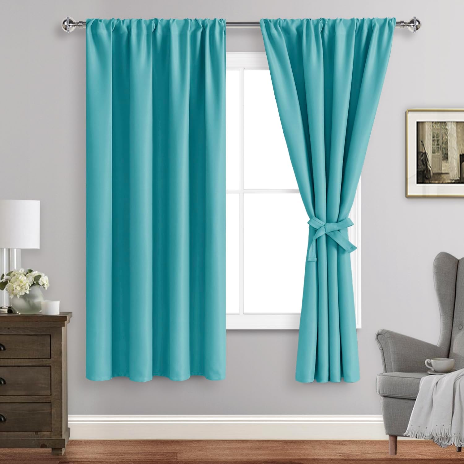 Jiuzhen Blackout Curtains - Thermal Insulated, Light Blocking, Rod Pocket with Tiebacks, Room Darkening, 42 x 63 Inch, 2 Panel Set, Turquoi…