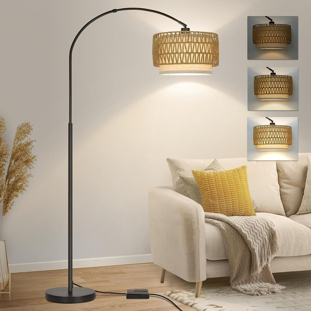 Rattan Floor Lamp, Dimmable Arc Floor Lamps for Living Room, Boho Farmhouse Standing Lamp with Adjustable Head, Tall Pole Lamp Reading…