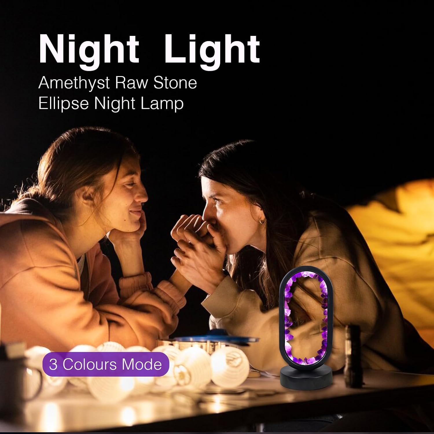 Runyangshi Crystal Lamp Amethyst Raw Stone Ellipse Night Lamp Natural Healing Crystal Night Light Table Lamp Base USB Port 3 Colours Mode f…