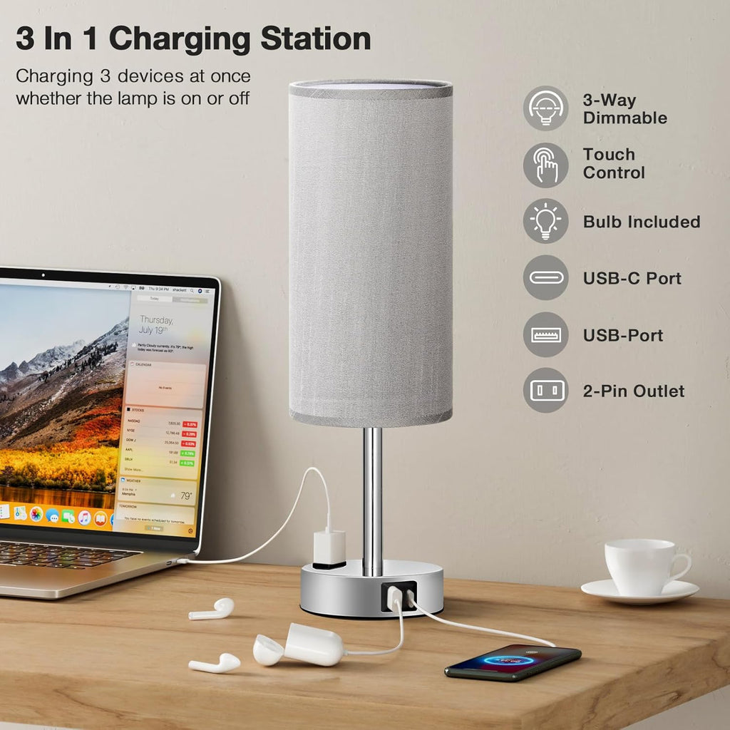 Fenmzee Grey Nightstand Table Lamp for Bedroom - 3 Way Dimmable Bedside Lamp USB C A Charging Ports and AC Outlet, Small Table Lamp…