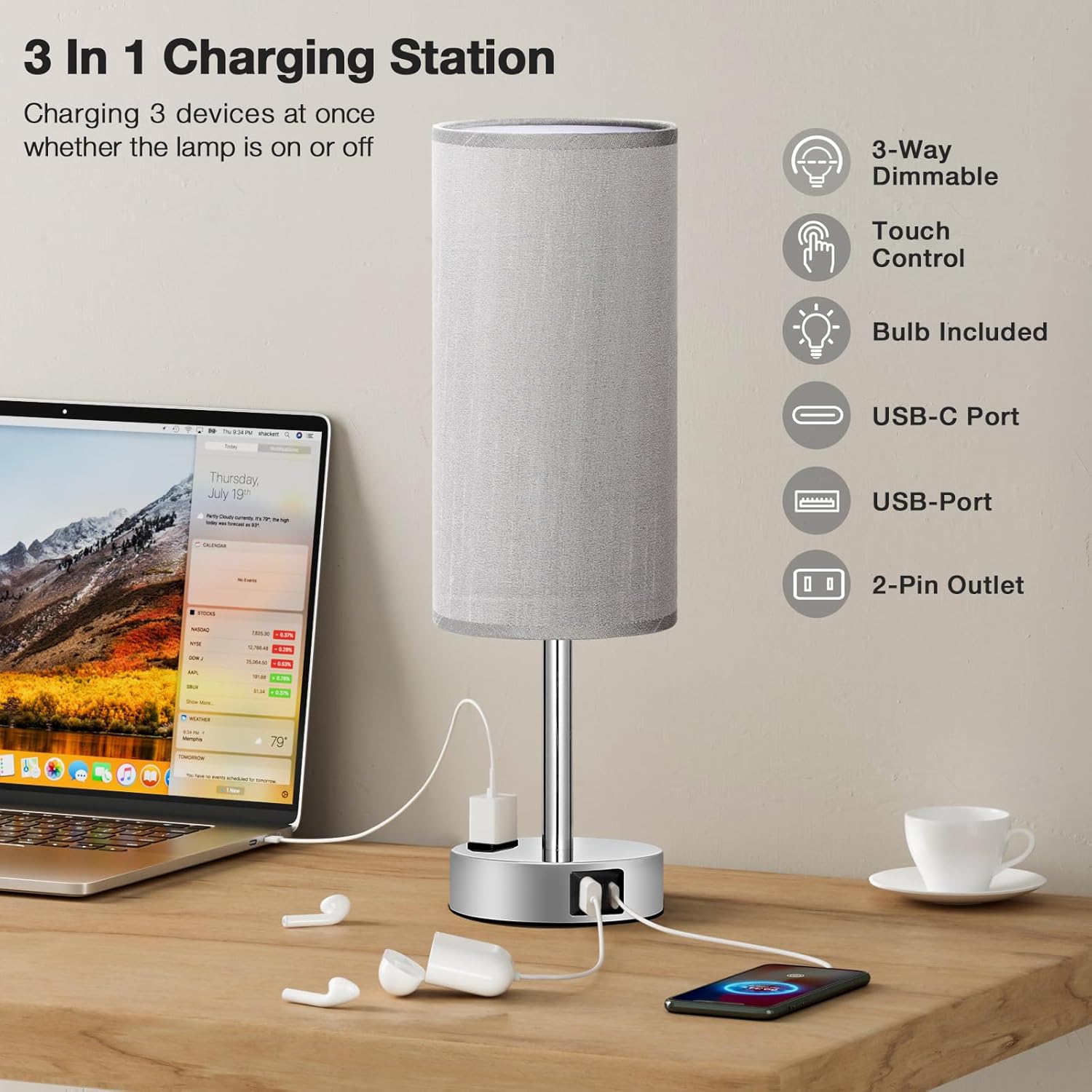 Fenmzee Grey Nightstand Table Lamp for Bedroom - 3 Way Dimmable Bedside Lamp USB C A Charging Ports and AC Outlet, Small Table Lamp…