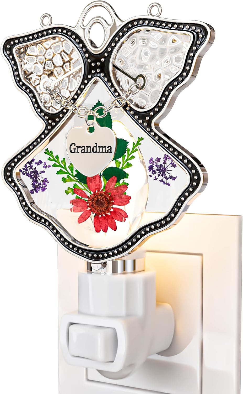 KY&BOSAM Night Light Grandma Stained Glass Angel Night Lights Plug Into Wall with Real Flower in Glass and Metal Charm Night Light for…