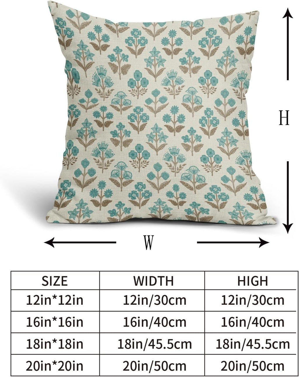Brown Cyan Floral Pillow Covers 22x22 Inch Set of 2, Vintage Flower Block Print Pattern Decorative Throw Pillowcases Outdoor Farmhouse…
