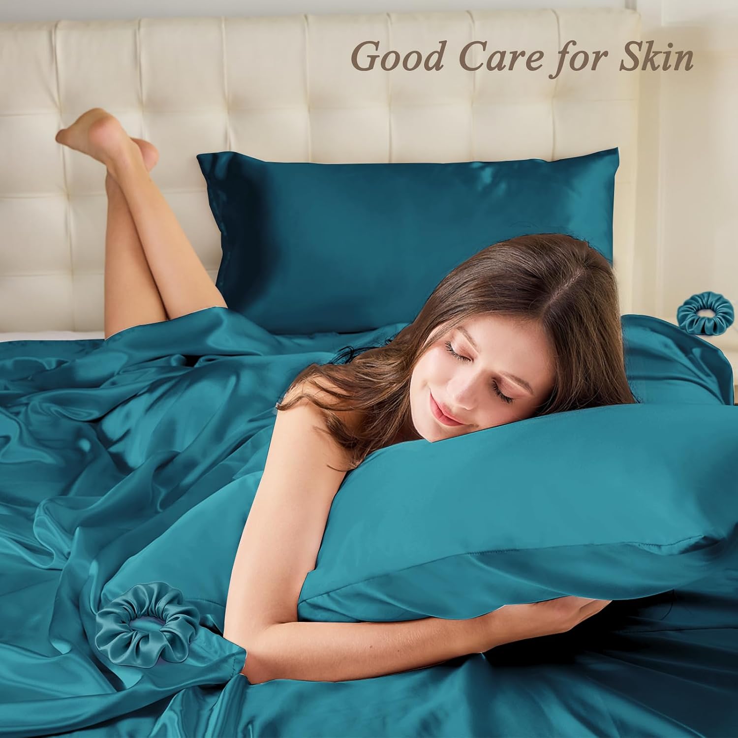 Vielit Standard Satin Pillowcase for Hair 2pc, Similar to Silk Pillow Cases, for Women Men, Teal,20x26 & Envelope Closure and 2 Satin Scrunch…