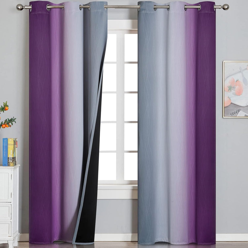 Estelartextiler Purple and Grey Blackout Curtains 84 Inches Long, Ombre and Wavy Line Pattern 100% Blackout Curtains for Bedroom, Full Light…
