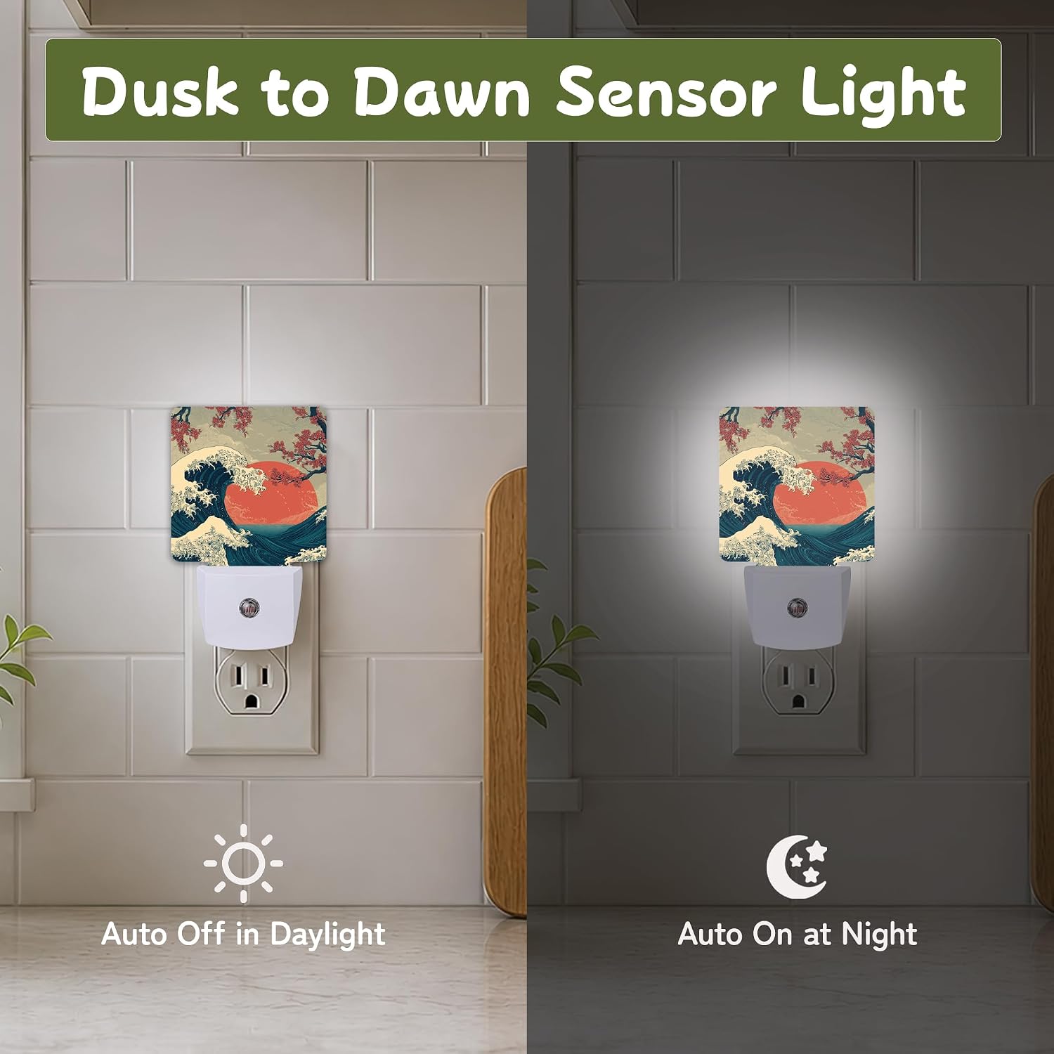 Night Light, Japanese Wave Cherry Night Lights Plug into Wall for Bedroom Bathroom Hallway Kitchen, Dusk to Dawn Sensor Decorative Gift…