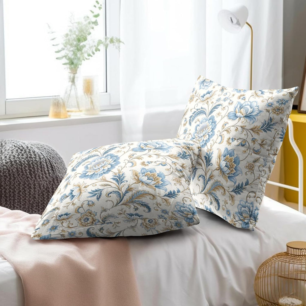 Blue Flowers Chinoiserie Print Throw Pillow Covers 22x22 Inch Set of 2 Vintage Floral Boho Cottage Spring Fall Decor Cushion Cover…