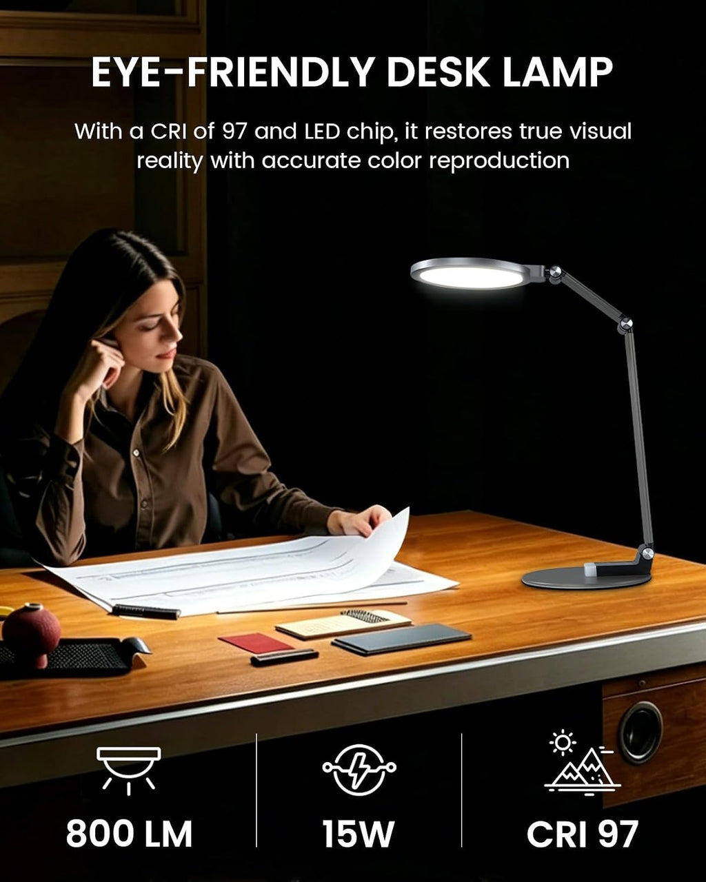 Tefiohen LED Desk Lamp for Home Office, Eye-Caring Dimmable Table Lamp with Adjustable Metal Swing Arm, Soft Diffused Anti-Glare Light, Mem…