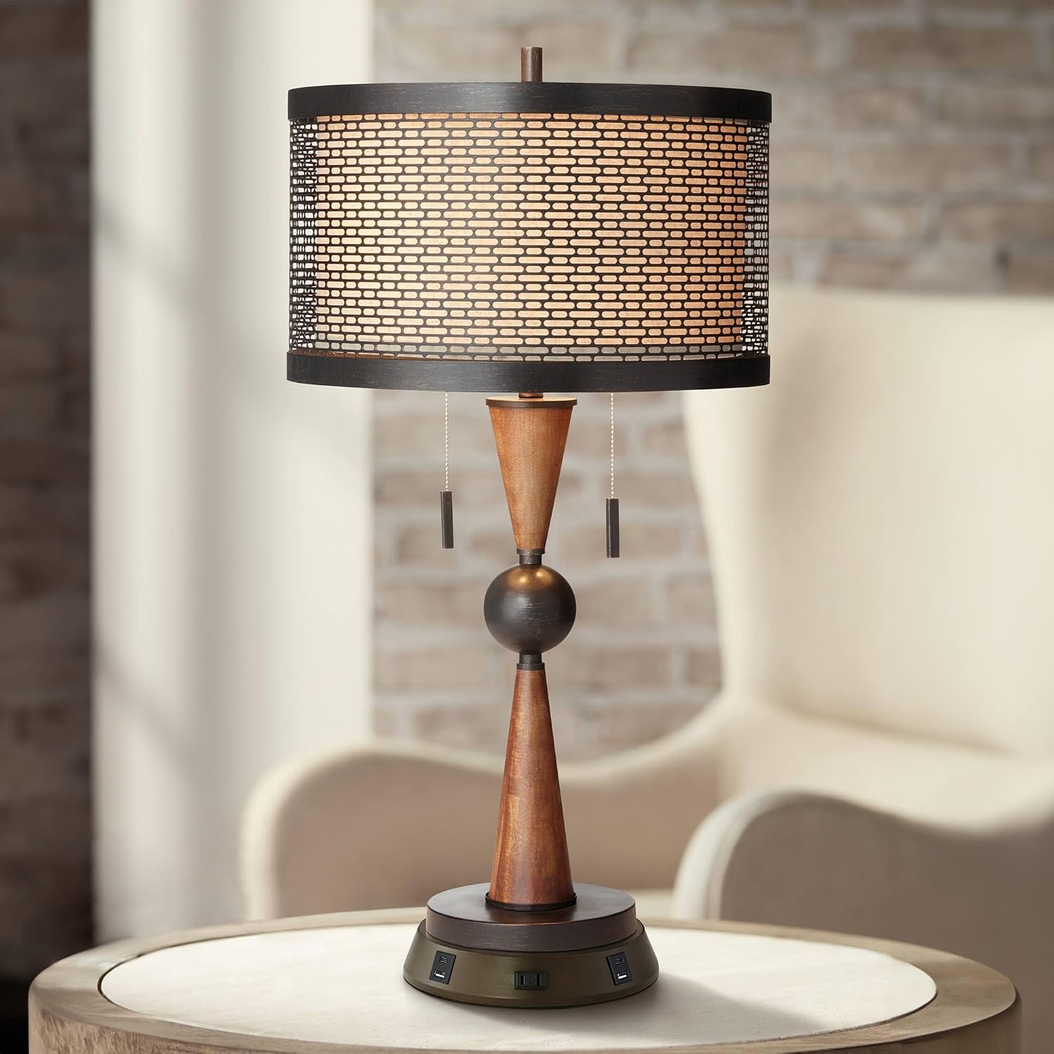 Franklin Iron Works Hunter Rustic Farmhouse Table Lamp with USB and AC Power Outlet Workstation Charging Base 28.75" Tall Bronze Cherry…