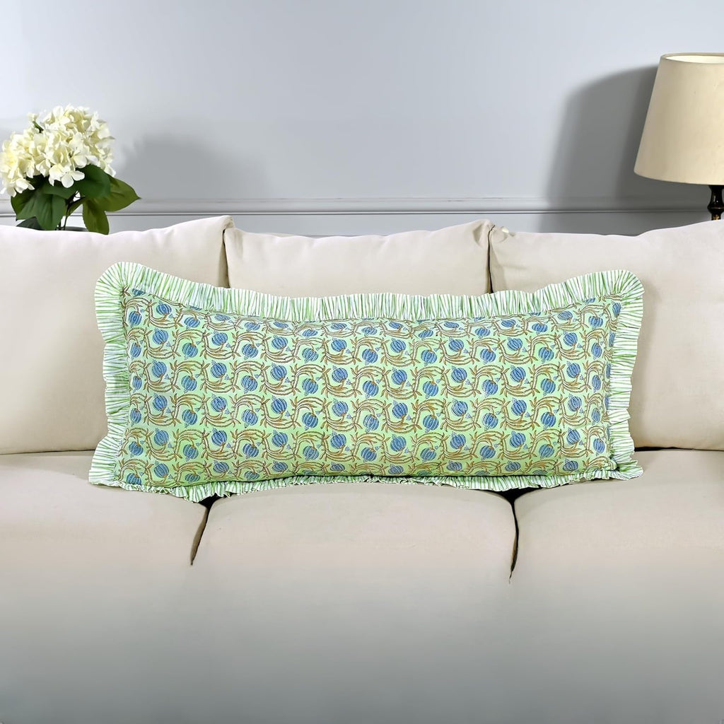 Ridhi Block Print Apple Green Floral 36"x14" Set 1-100% Cotton Ruffle Lumbar Sham Cover Boho Floral Pillowcase, Farmhouse Cottagecore…