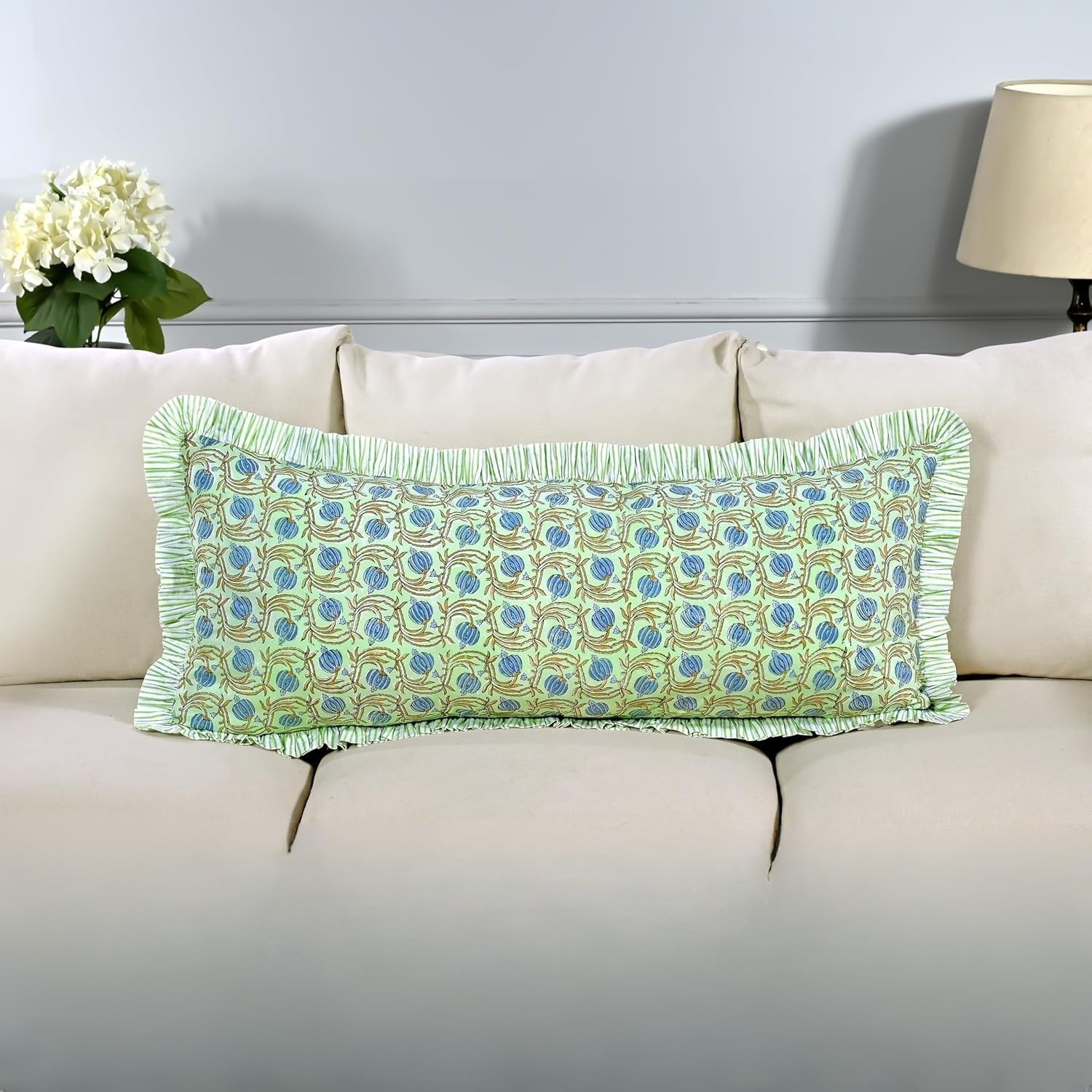 Ridhi Block Print Apple Green Floral 36"x14" Set 1-100% Cotton Ruffle Lumbar Sham Cover Boho Floral Pillowcase, Farmhouse Cottagecore…
