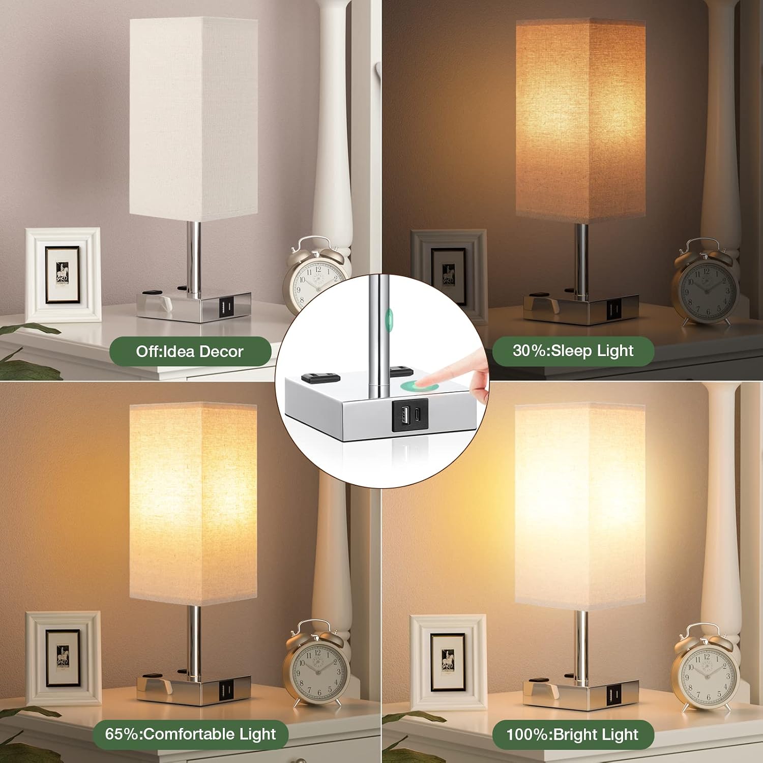 aooshine Beige Set of 2 Touch Lamp with USB Port-Nightstand Lamp with USB-C+A Charge Ports& AC Outlets, 3-Way Dimmable Bedside Lamp with…