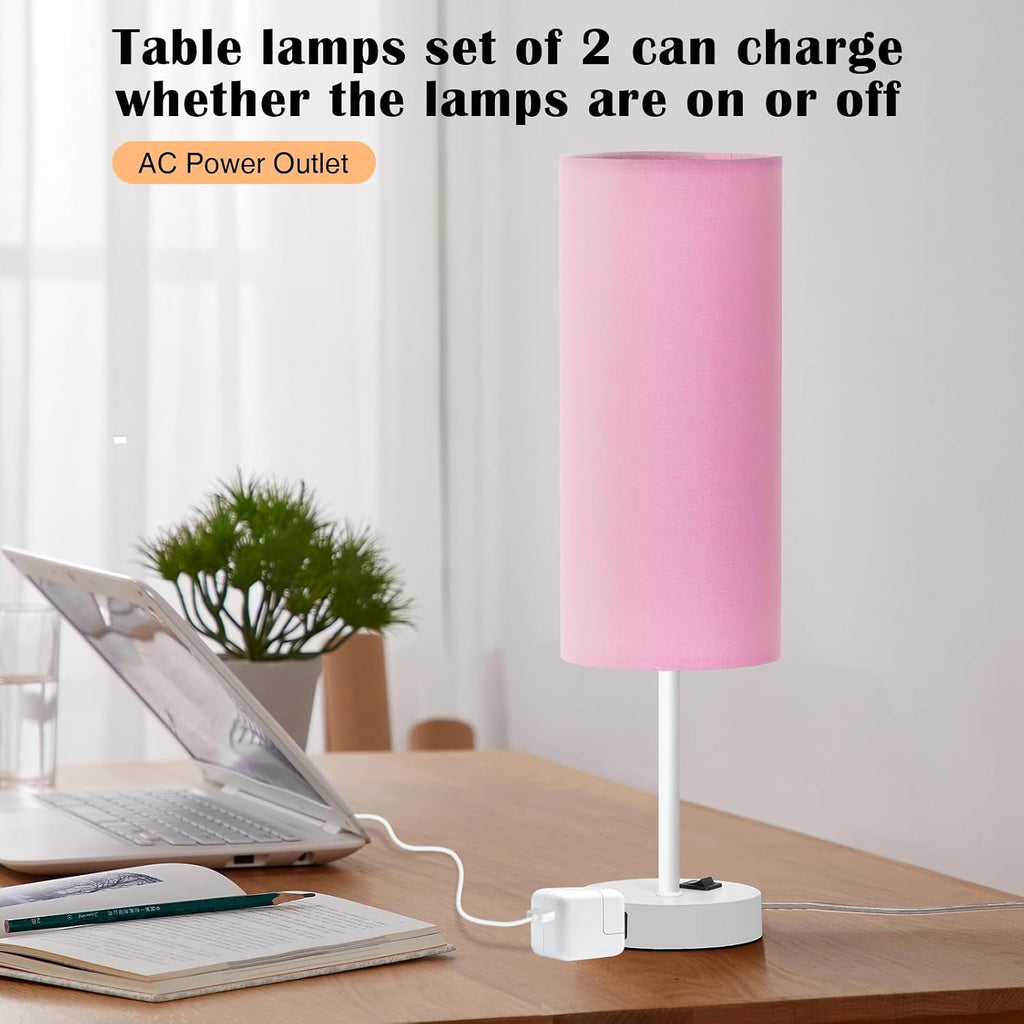 ZJOJO Table Lamp for Bedroom 2 Pack,18in Bedside Lamps with 3 Way Dimmable Rocker Switch & AC Outlet, Nightstand Desk Lamp with Pink…