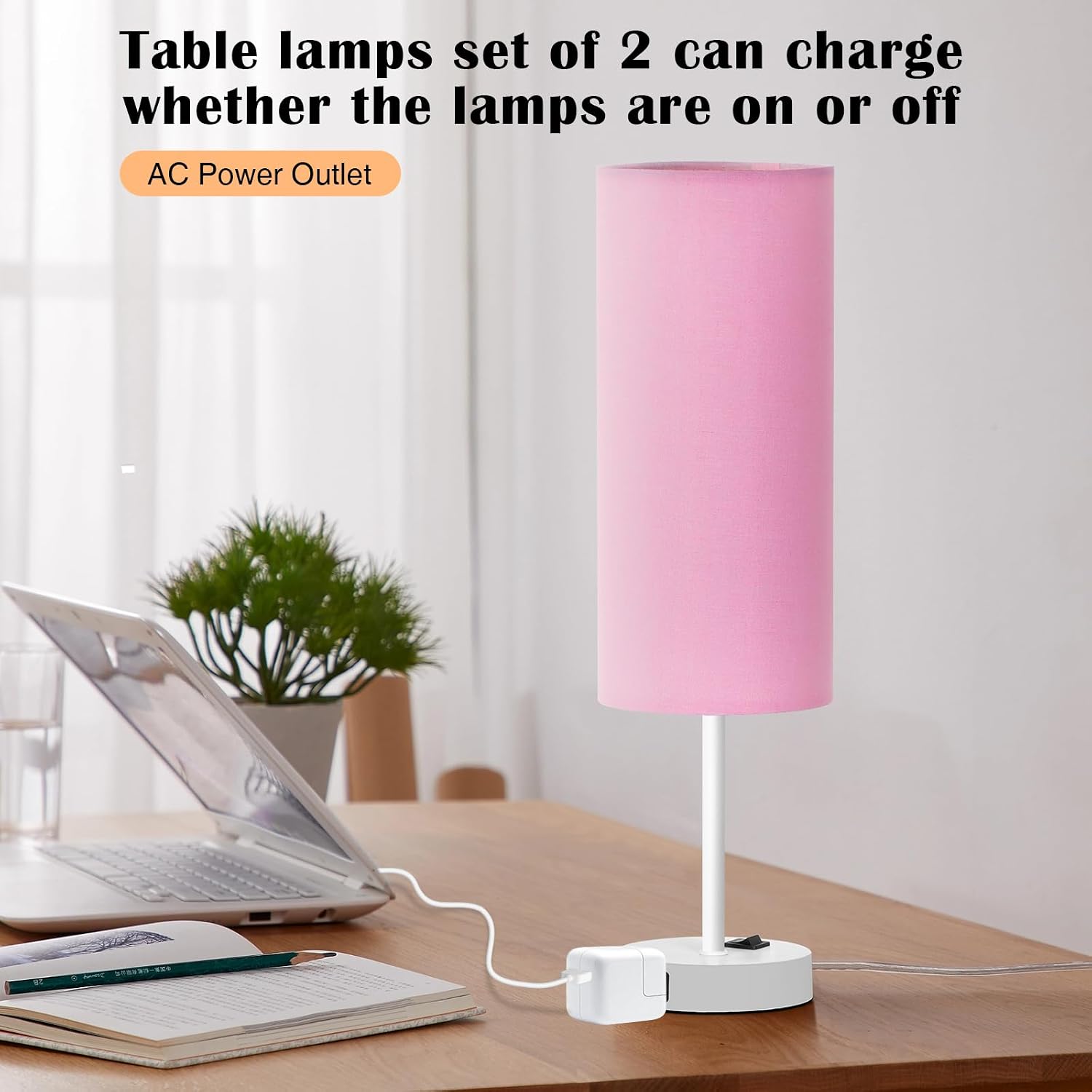 ZJOJO Table Lamp for Bedroom 2 Pack,18in Bedside Lamps with 3 Way Dimmable Rocker Switch & AC Outlet, Nightstand Desk Lamp with Pink…