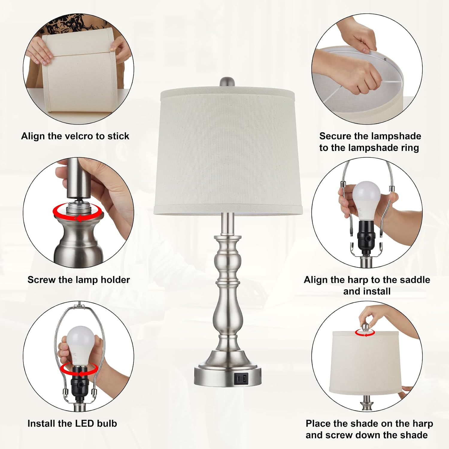 Farmhouse Side Table Lamps for Living Room Set of 2 with USB C+A Ports, Bedside Lamp for Bedroom, Dining Room Decor, Office, End Table…