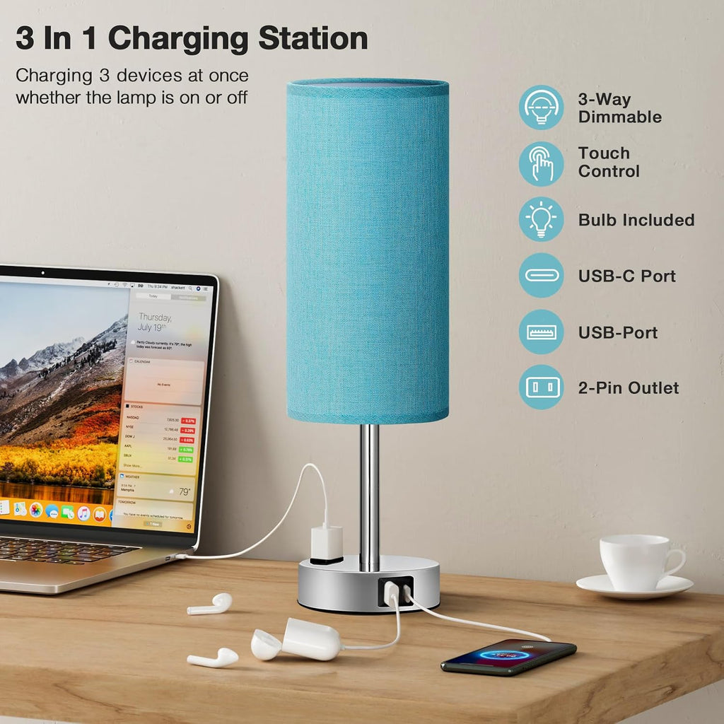 Fenmzee Turquoise Nightstand Table Lamp for Bedroom - 3 Way Dimmable Touch Lamp USB A and C Charging Ports and AC Outlet, Small Lamp for…