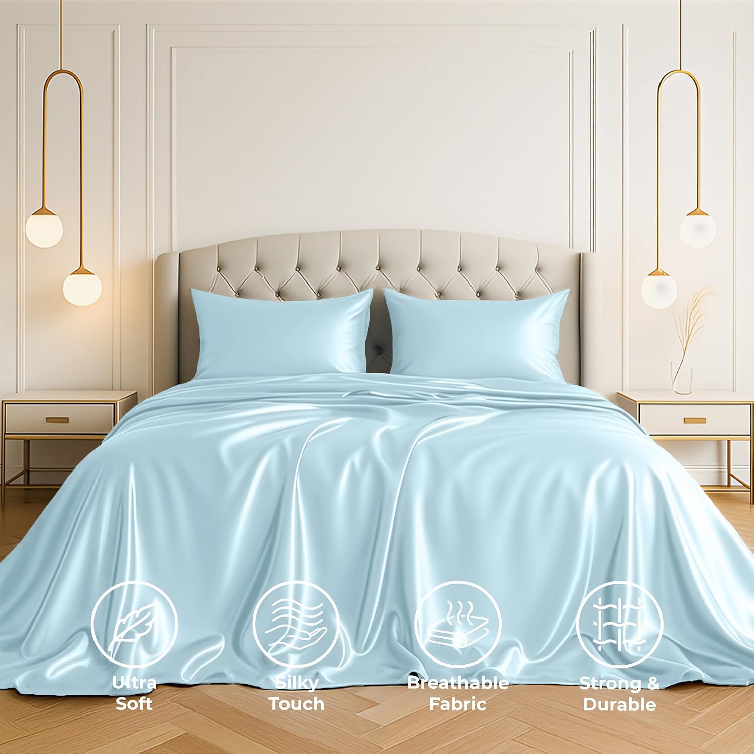 PureBedding Satin Sheets Queen [4-Piece, Skyblue] Hotel Luxury Silky Bed Sheets - Extra Soft 1800 Microfiber Sheet Set, Wrinkle, Fade, Stai…