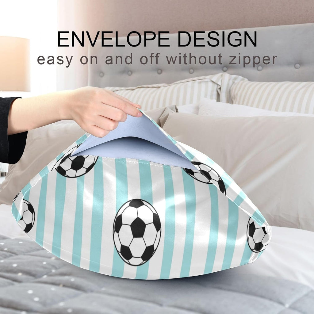 Soccer Blue Stripe Pillow Covers Silk Pillowcase for Hair and Skin Breathable Soft Satin Pillowcase King Size Pillow Case for Bedroom…