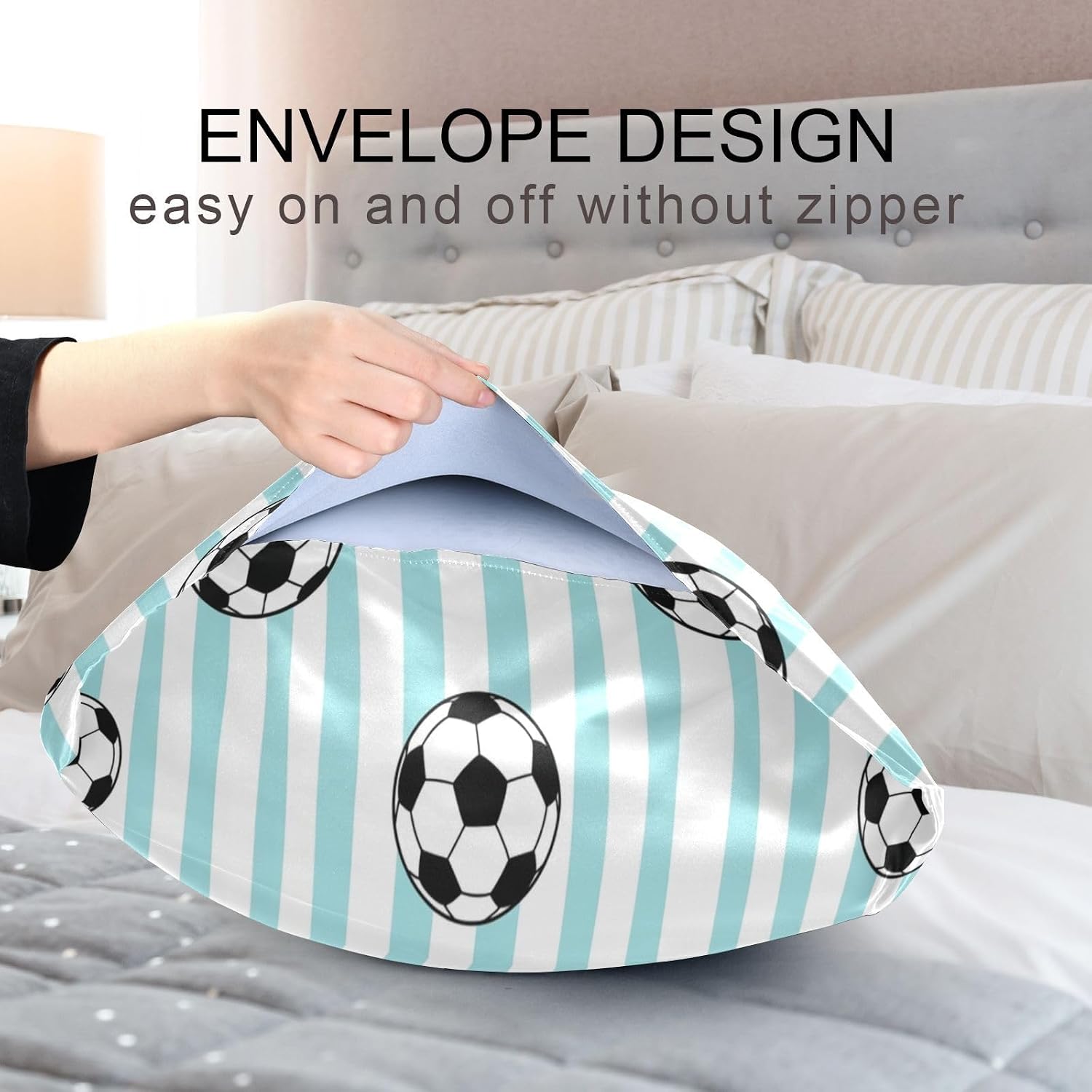 Soccer Blue Stripe Pillow Covers Silk Pillowcase for Hair and Skin Breathable Soft Satin Pillowcase King Size Pillow Case for Bedroom…