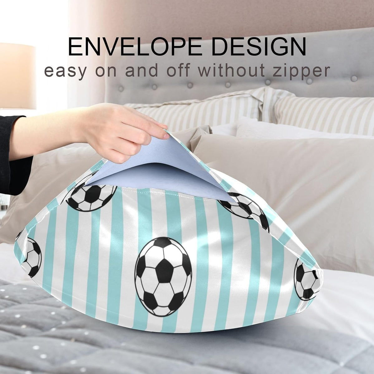Soccer Blue Stripe Pillow Covers Silk Pillowcase for Hair and Skin Soft Smooth Breathable Cooling Satin Pillowcase Standard Size Pillow…