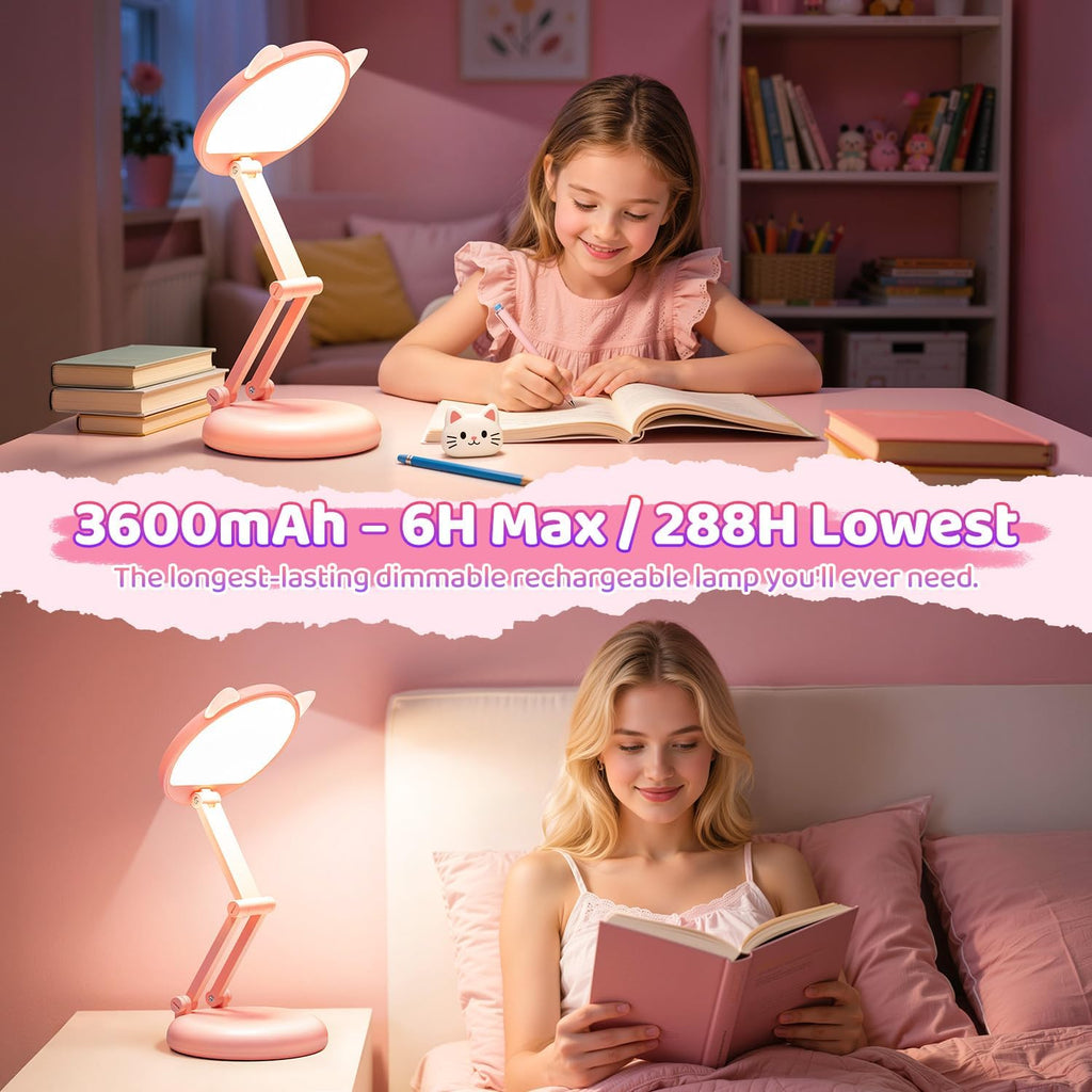 One Fire Cute Desk Lamp Pink Dorm Lamps for College Girls Foldable Portable Rechargeable Dimmable Cute Cat Lamp Kawaii Room Decor, College…
