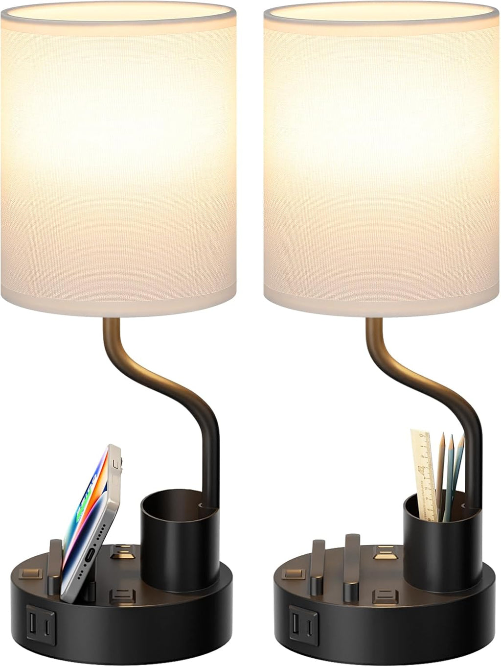 White Bedside Table Lamps for Bedroom Set of 2 - Nightstand Light with AC Outlet and USB A & C for Charging, 3 Color Temperatures Desk…