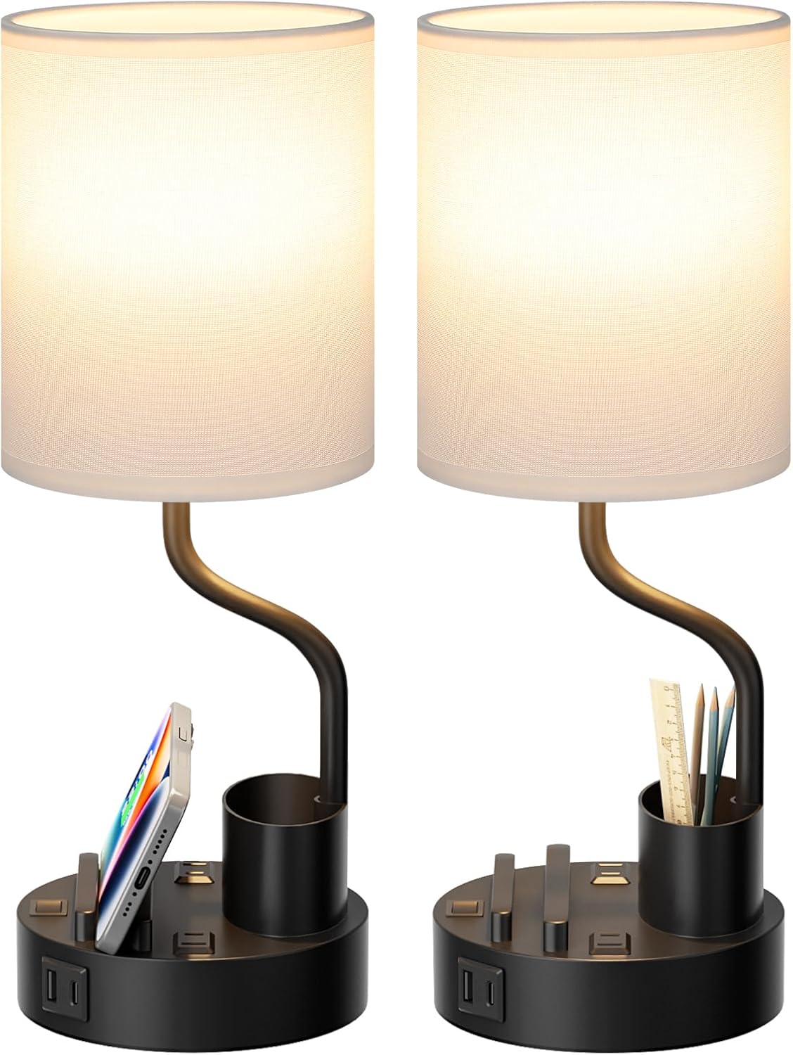 White Bedside Table Lamps for Bedroom Set of 2 - Nightstand Light with AC Outlet and USB A & C for Charging, 3 Color Temperatures Desk…