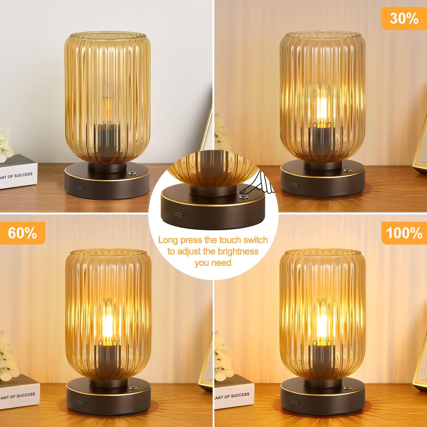 LigthRound Touch Table Lamp for Bedroom, Cordless Bedside Small Table Lamp, Dimmable Rechargeable Battery Operated Lamp for Nightstand…