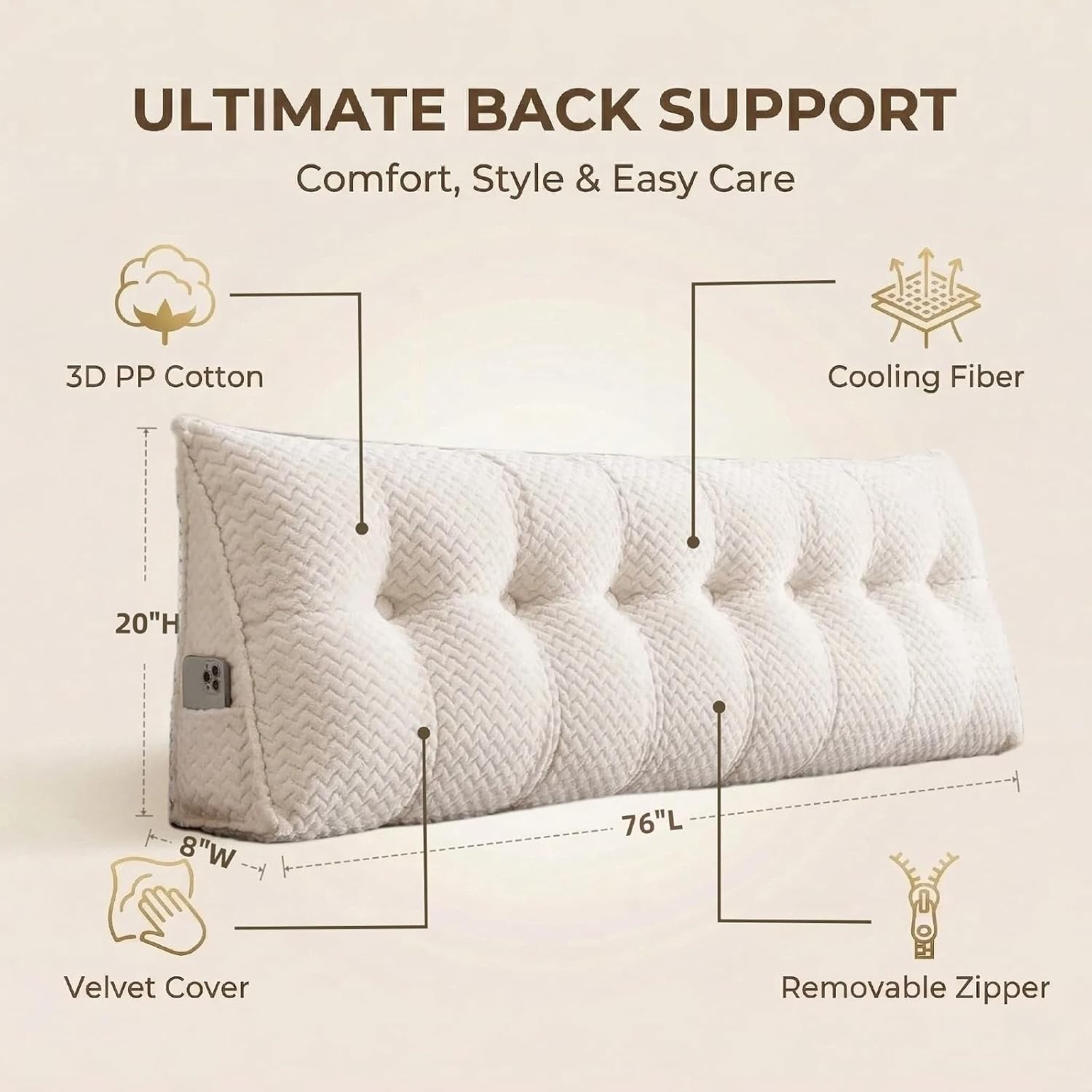 Headboard Pillow King Size, Reading Pillow for Bed, Wave Pattern Wedge Pillow, Tufted Backrest Support, Headboard Substitute, Beige