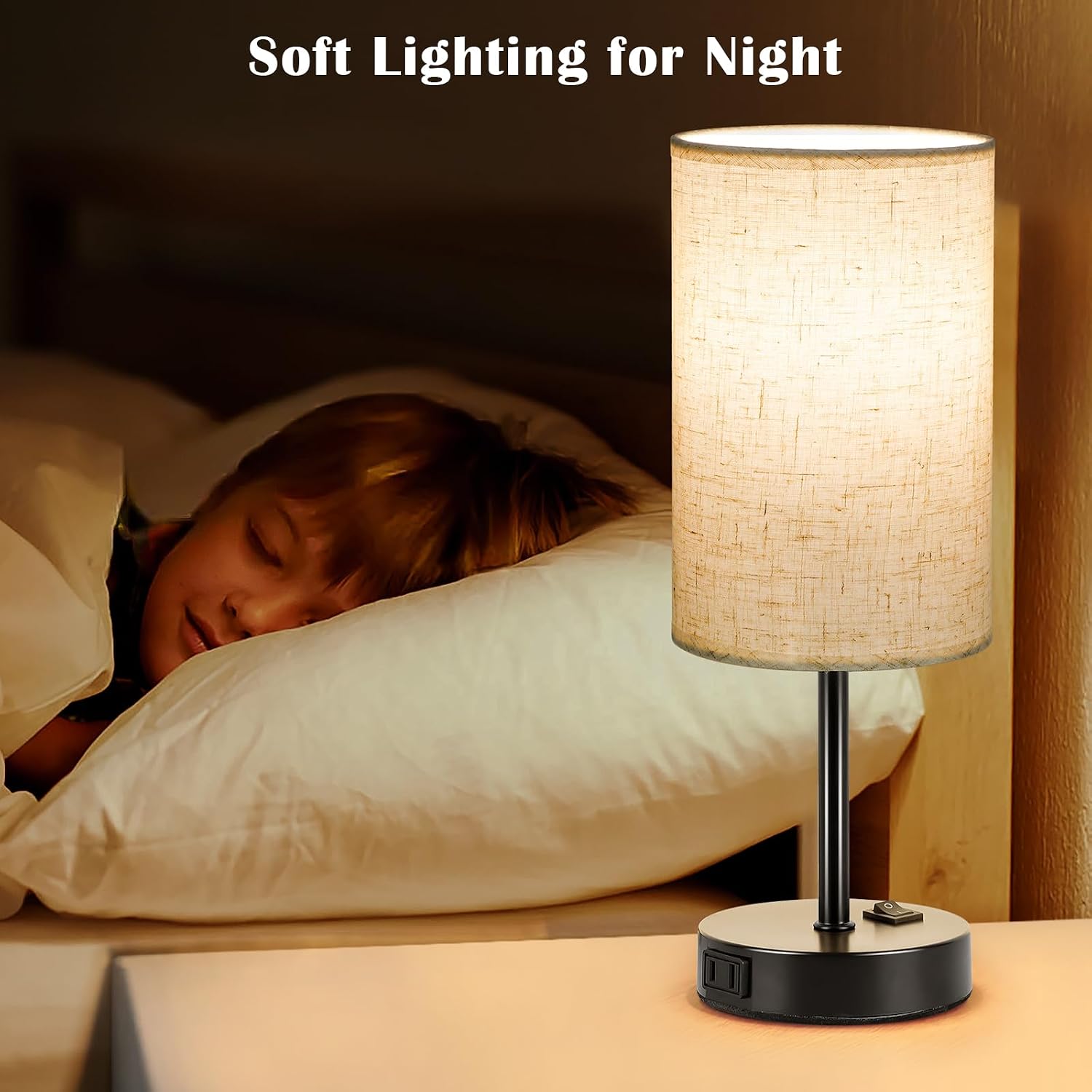 ZJOJO Table Lamp for Bedroom Set of 2, Bedside Small Lamps with 3 Way Dimmable Rocker Switch and AC Outlet, Nightstand Desk Lamp with…