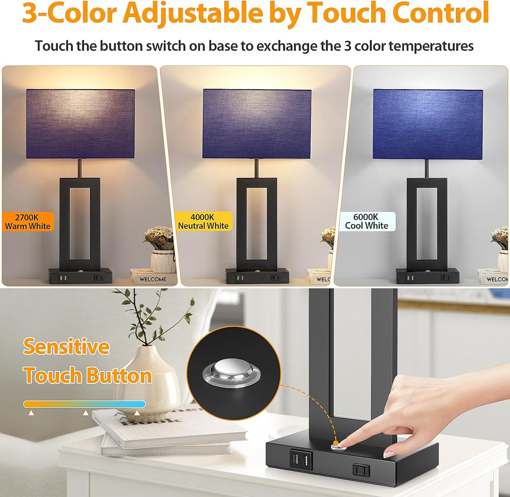 3 Color Temperatures Table Lamps for Bedrooms Set of 2, 22’’ Touch Control Bedside Nightstand Lamps with 2 USB Ports & AC Outlet…