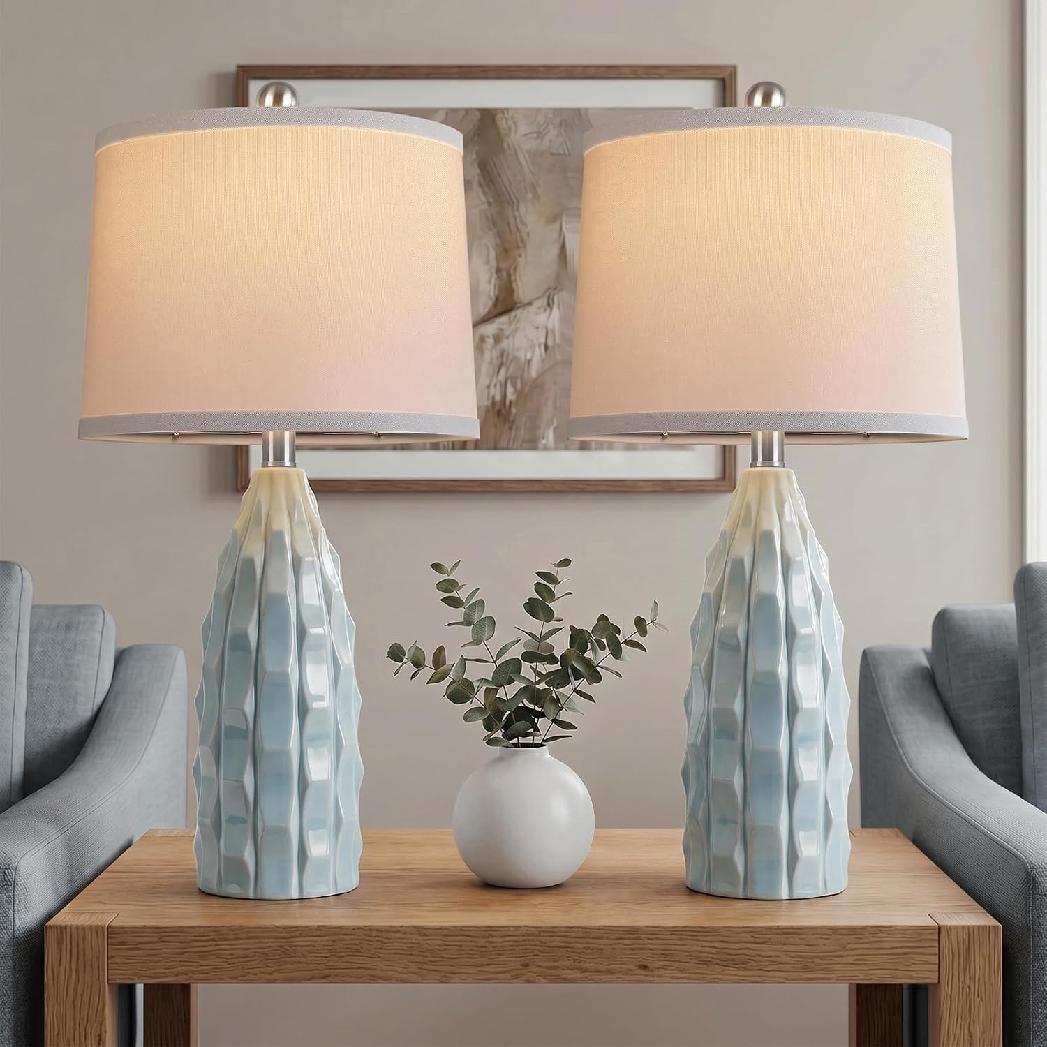 WIHTU Creamic Table lamp Set of 2, Modern 3 Color Temperature Beside Lamp for Living Room, 24" Farmhouse Nightstand Lamps with Linen…