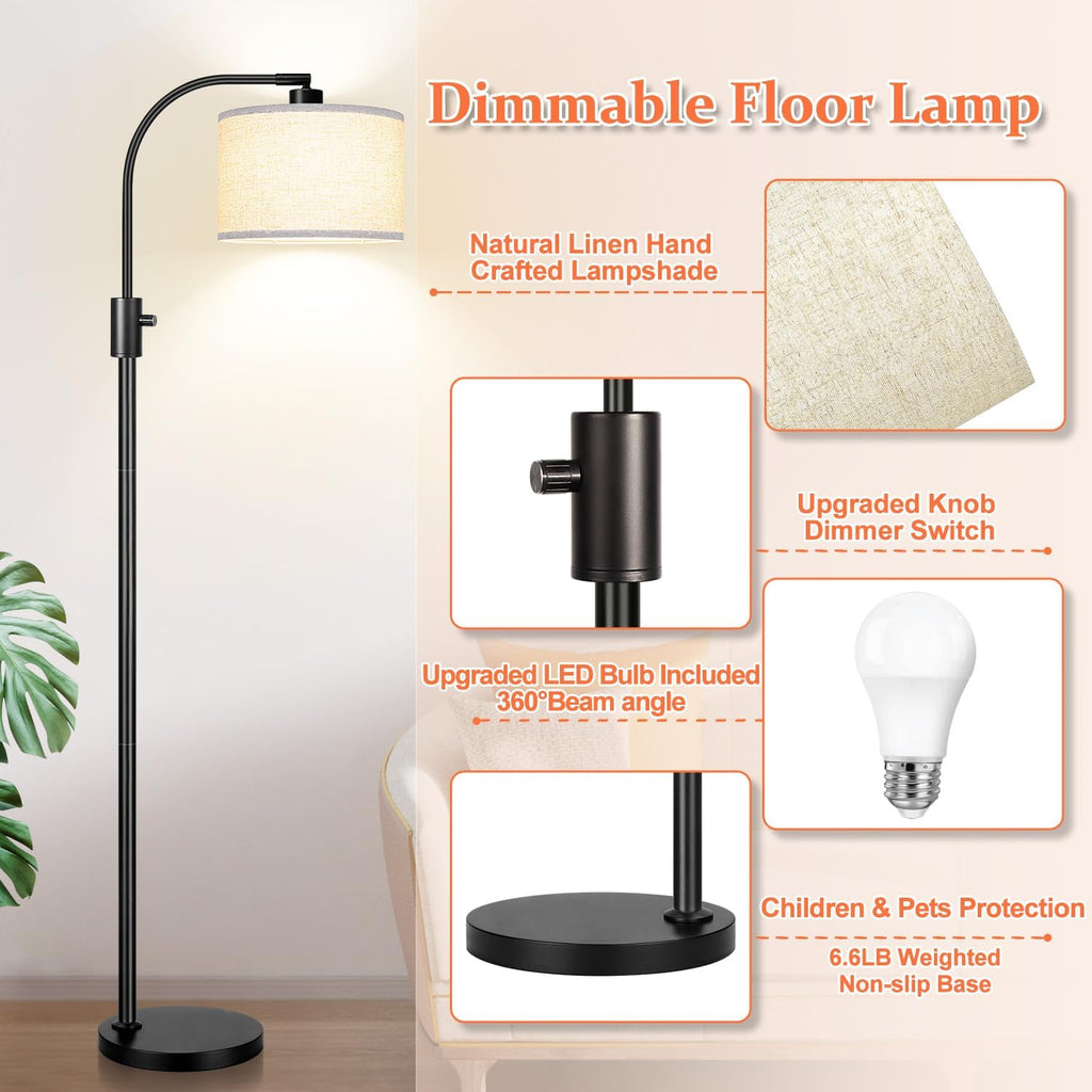 Nintiue Upgraded Modern Arc Dimmable Tall Standing Floor Lamp with Linen Shade, 1200 Lumens LED Bulb Included, for Living & Reading Room…