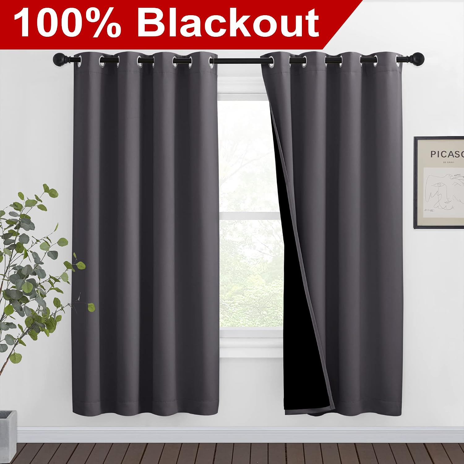 Nicetown Grey Full Shade Curtain Panels, Pair of Thermal Insulated & Energy Efficiency Blackout Curtains for Living Room Windows, Lined Sil…