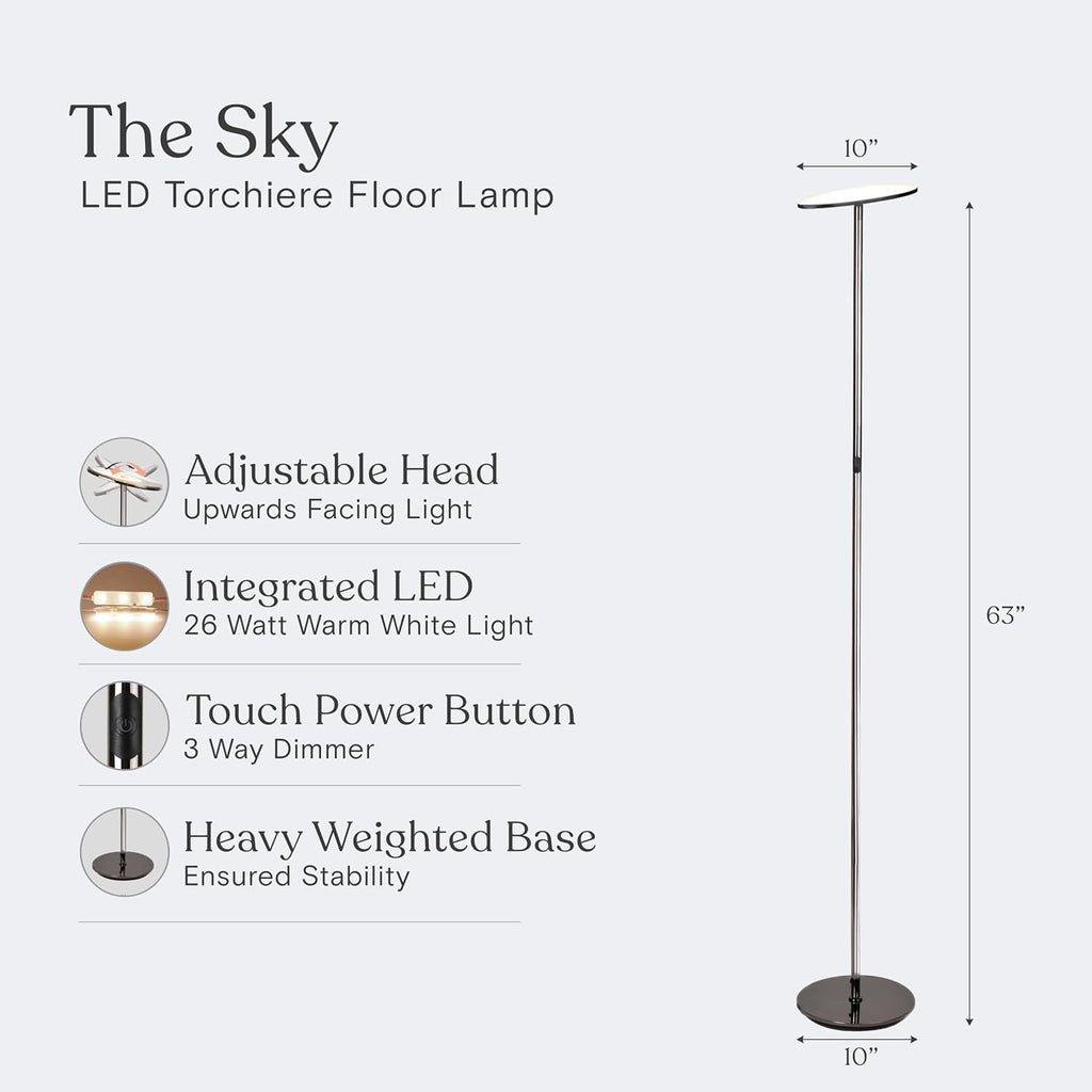 Brightech Sky LED Floor lamp, Torchiere Super Bright Floor Lamp for Living Rooms & Offices - Dimmable, Tall Standing Lamp for Bedroom…