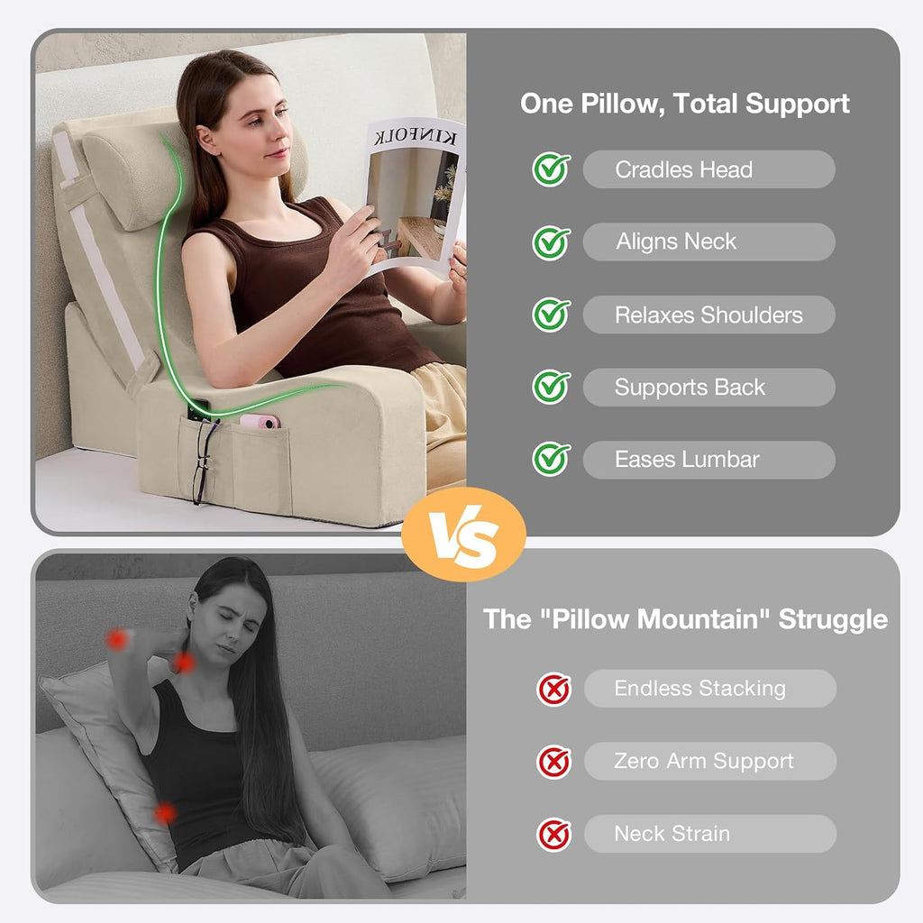 Sasttie Reading Pillow with Armrests, 15–25 Inch Adjustable Back Support Pillow for Bed Sitting Up, Memory Foam Back Rest Cushion Bed Chair…