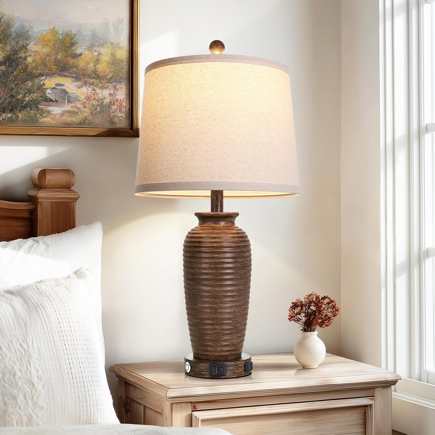 CINSARY 25" Retro Walnut Brown Farmhouse Jar Table Lamps Set of 2, 3 Way Touch Control Rustic Bedside Lamps with USB A+C Ports & AC…